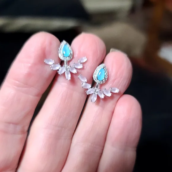 Pink & white Topaz & Aquamarine Sterling ornate earrings - Picture 2 of 7